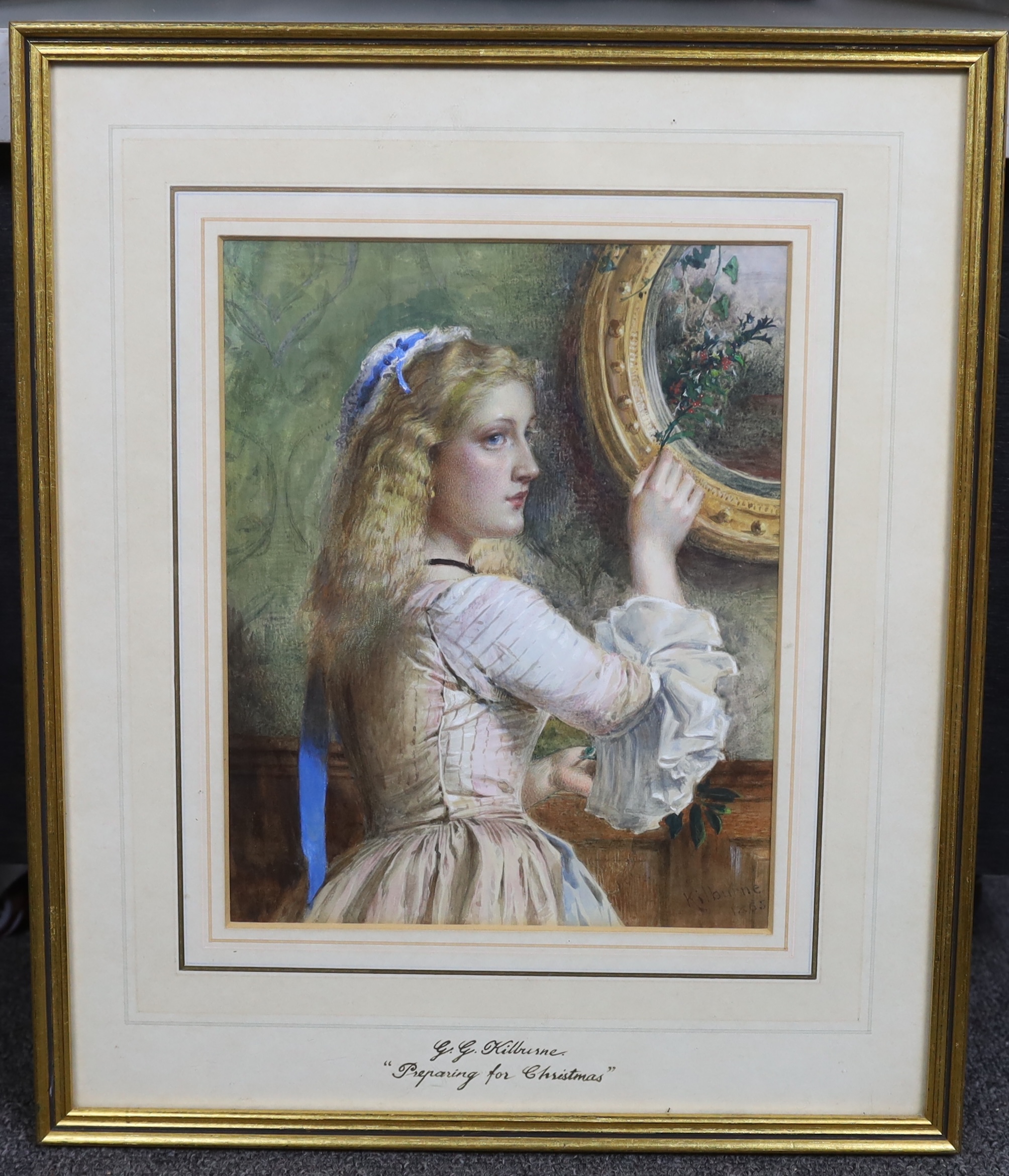 George Goodwin Kilburne (British, 1839-1924), watercolour, 'Preparing for Christmas', signed and dated 1863, 26 x 20.5cm